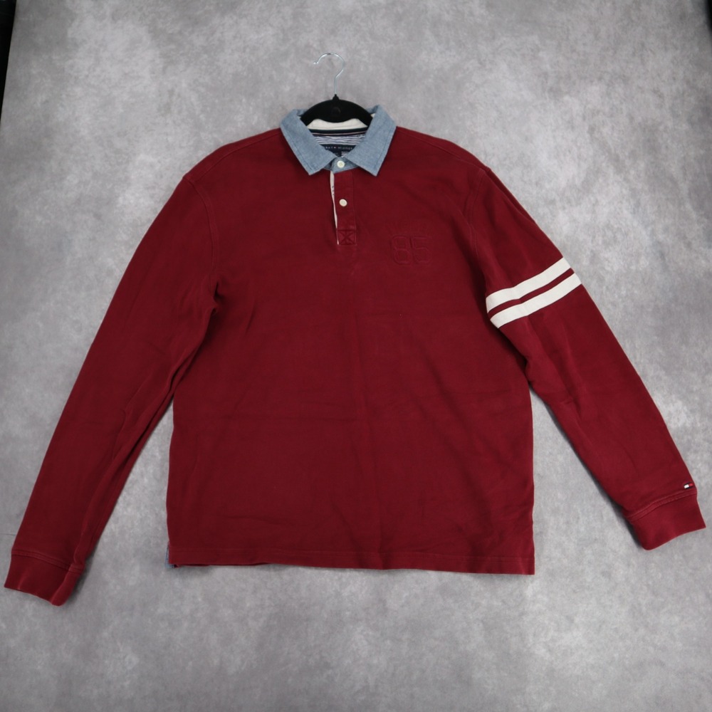 Tommy Hilfiger Long Sleeve Polo Rugby Shirt Mens L Burgundy 85 Varsity Y2K